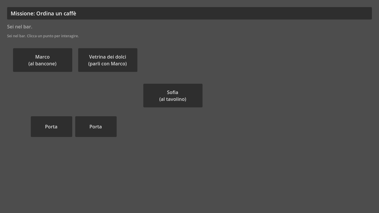 A dark-grey 2D UI panel showing the active quest 'Missione: Ordina un caffè' with five labelled buttons: Marco al bancone, Vetrina dei dolci, Sofia al tavolino, and two unmarked Porta buttons.