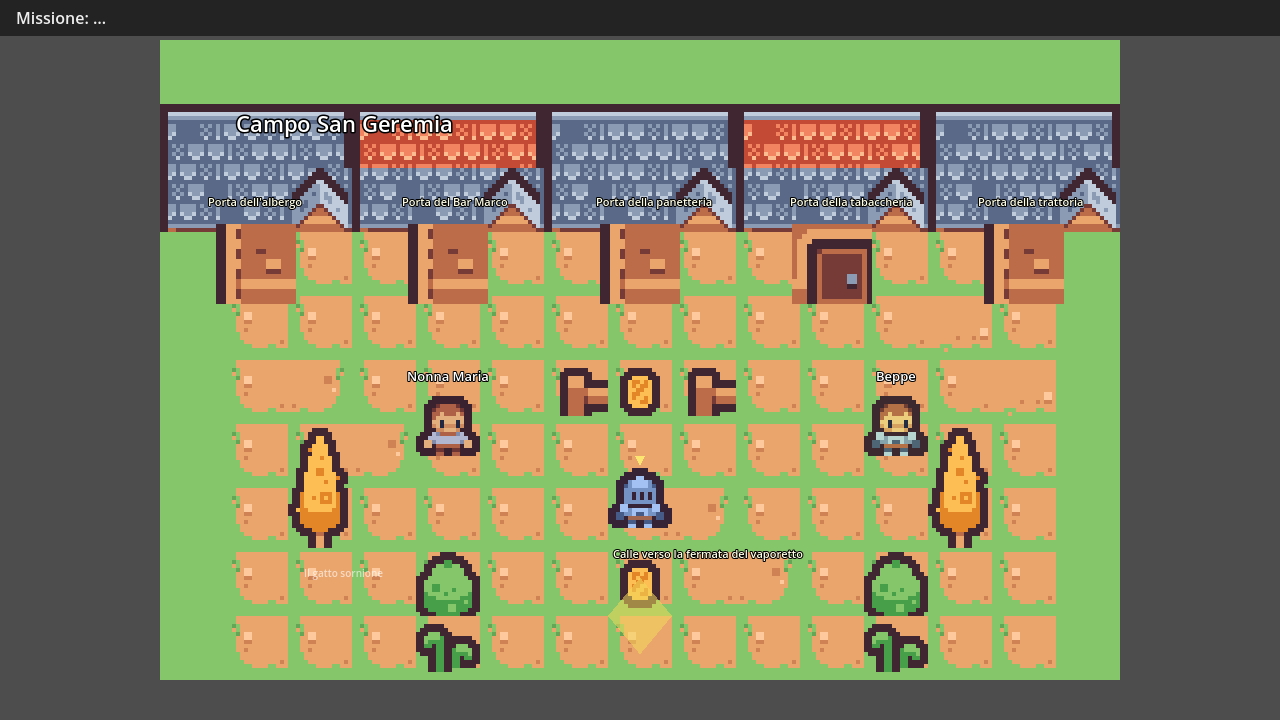 The same 2D scene, now rendered with Kenney Tiny Town pixel-art tiles: cobblestone paths, five building facades with shop names painted on (HOTEL, BAR MARCO, PANIFICIO, TABACCHERIA, TRATTORIA), a central well, trees, character sprites in the courtyard.