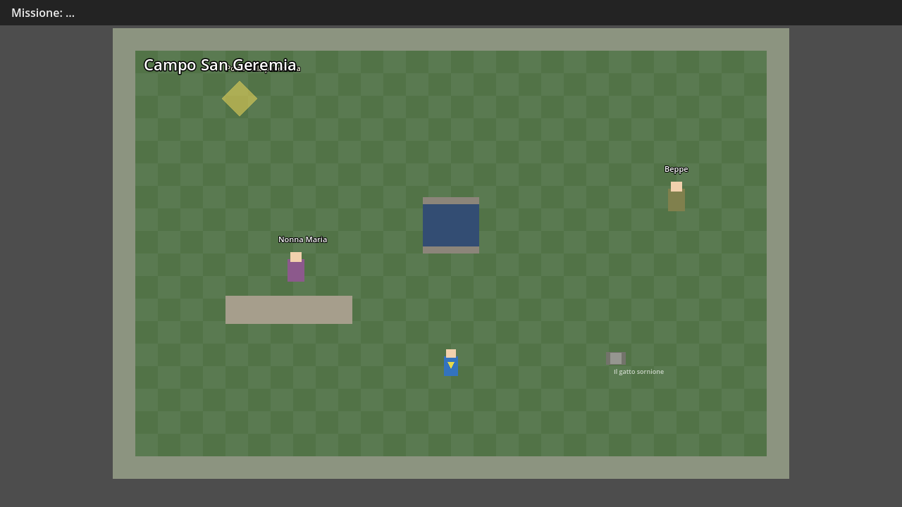 A 2D top-down scene: olive checkerboard floor tile, NPCs shown as tinted rectangles with Italian names floating above them, doors shown as bare yellow diamond shapes. No architecture, no character to the space.