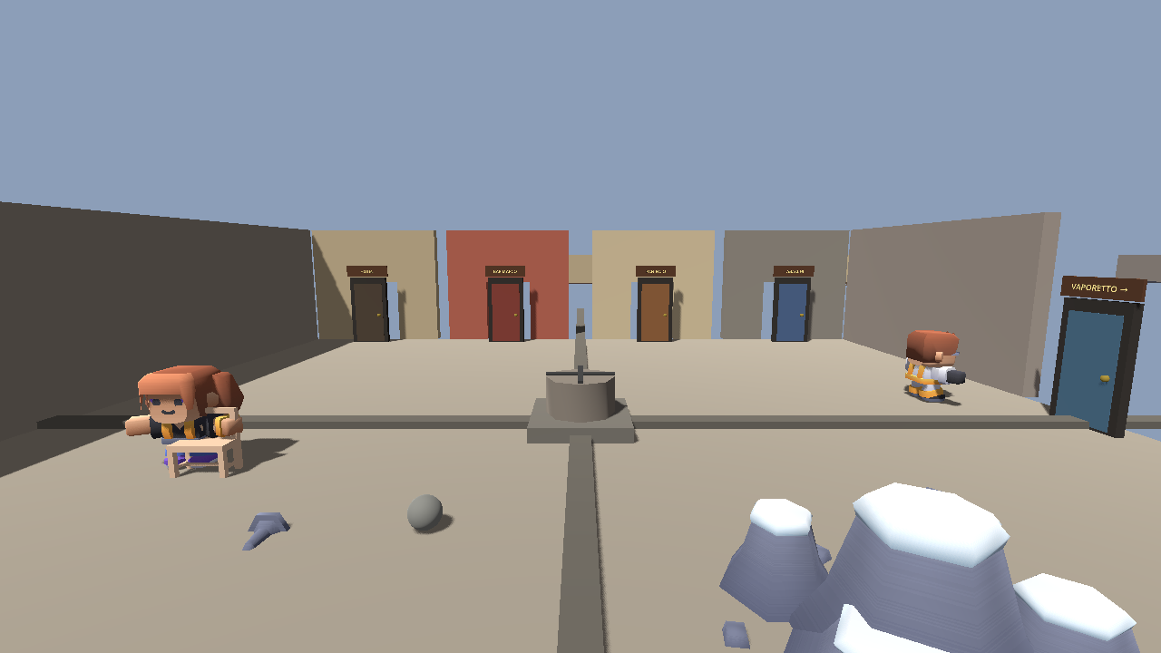 A stylised open-air Venetian square: five building facades around the perimeter, each with a clearly-marked door and a colour-coded sign; a central stone well with a grate; characters at human scale; no floating UI labels.