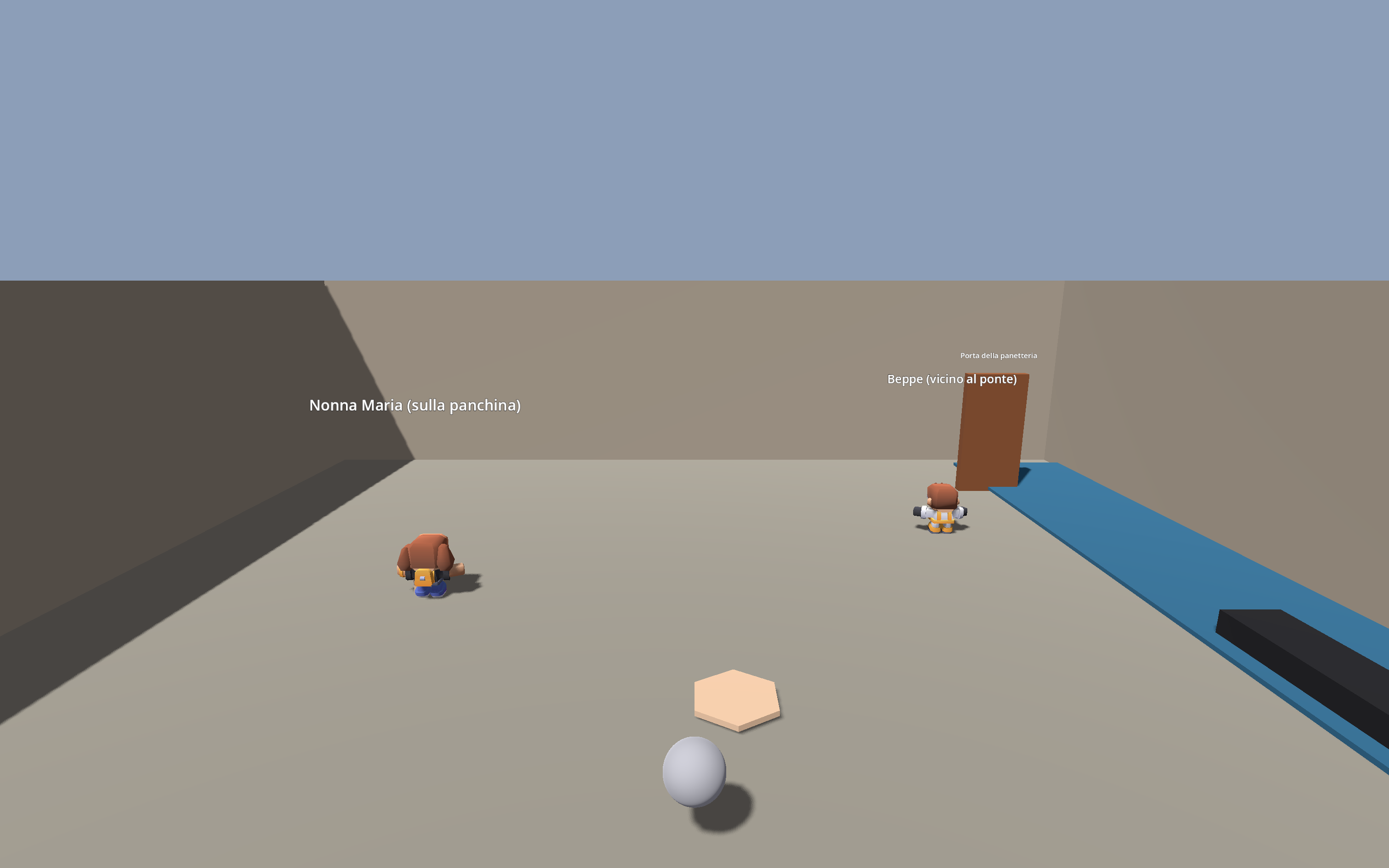 A 3D greybox campo, fully enclosed by identical CSG walls forming a cube, with Italian door names floating in mid-air as 3D text labels above two indistinguishable doors. Holiday-kit snowy rocks scattered as placeholder atmosphere.