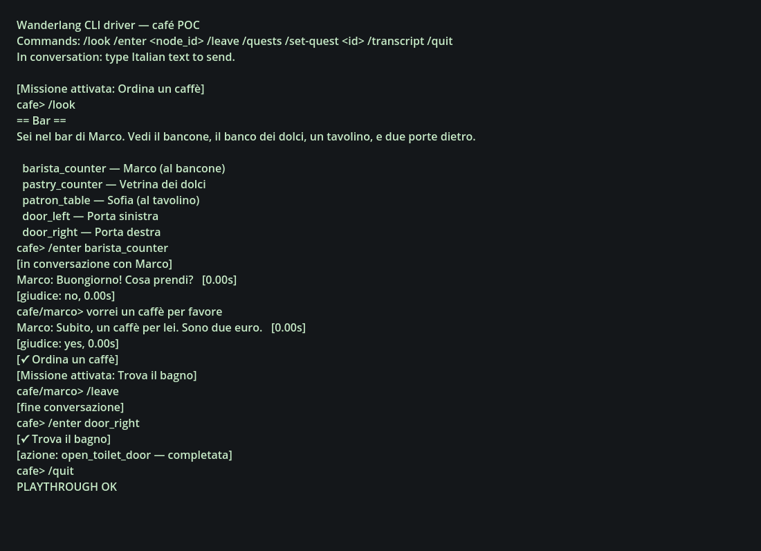 Terminal output: the player slash-command /look prints the room description, /enter barista_counter triggers Marco's greeting, the player types vorrei un caffè per favore, the LLM judge fires and accepts, quest one completes; then /enter door_right transitions to the next room and the playthrough exits with status OK.