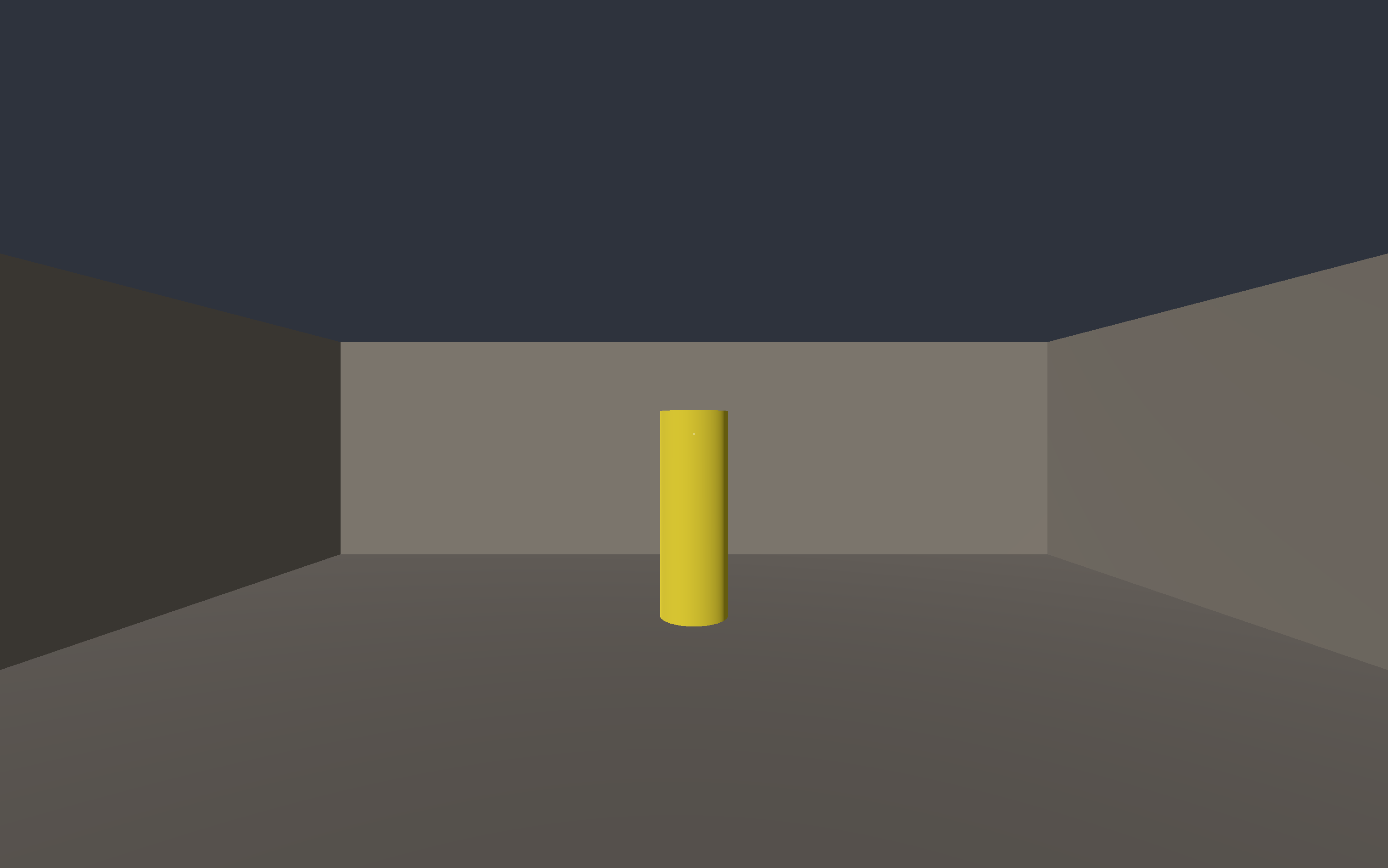 A grey-box 3D café room shot from the player's spawn position: featureless walls, a single yellow rectangular prism standing where the counter would be, no textures, no humanoid mesh. This prism is Marco the barista — identified by the exact same semantic node id that drives the 2D click and the CLI command.